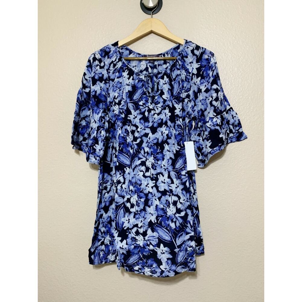 Roaman's‎ Floral Tunic Top Ruffle Bell Sleeve Split Neck 12W Blue White NWT New